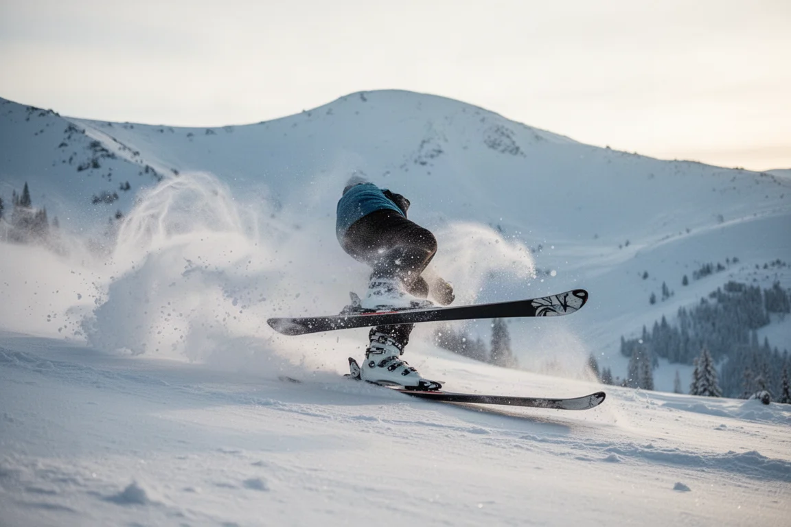 Skier floating through deep powder with a spray of snow behind