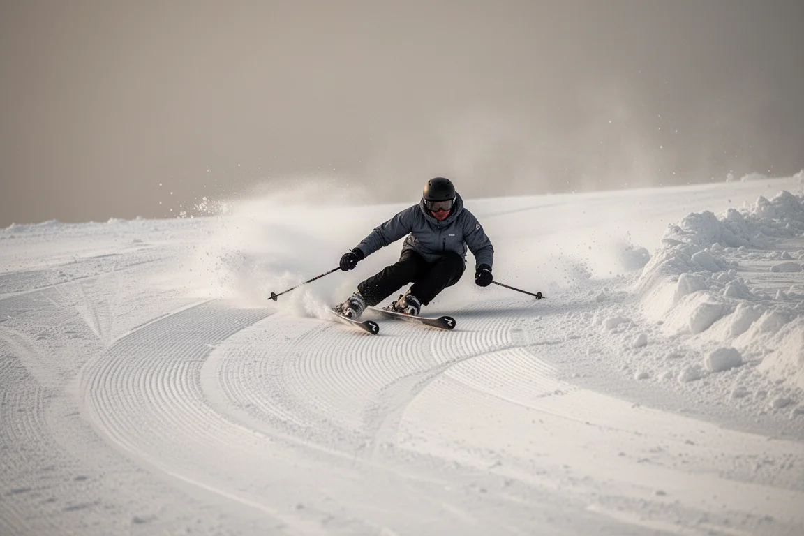 Skier laying down tight carve turns on a firm groomed run