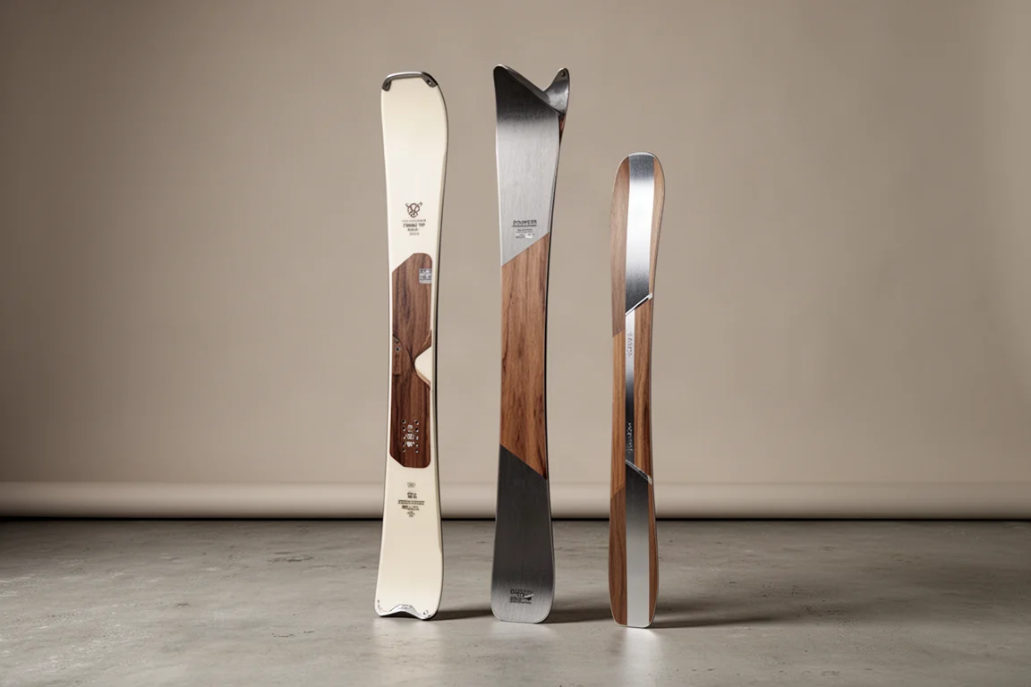 Three LINE Concept Collection skis standing upright on a concrete surface