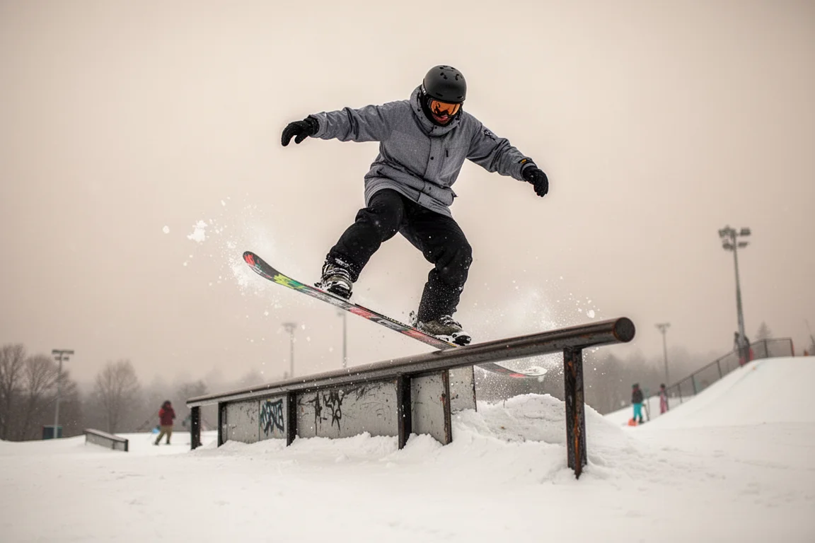 Freestyleskiër die ski's drukt op een rail in het park bij zacht daglicht