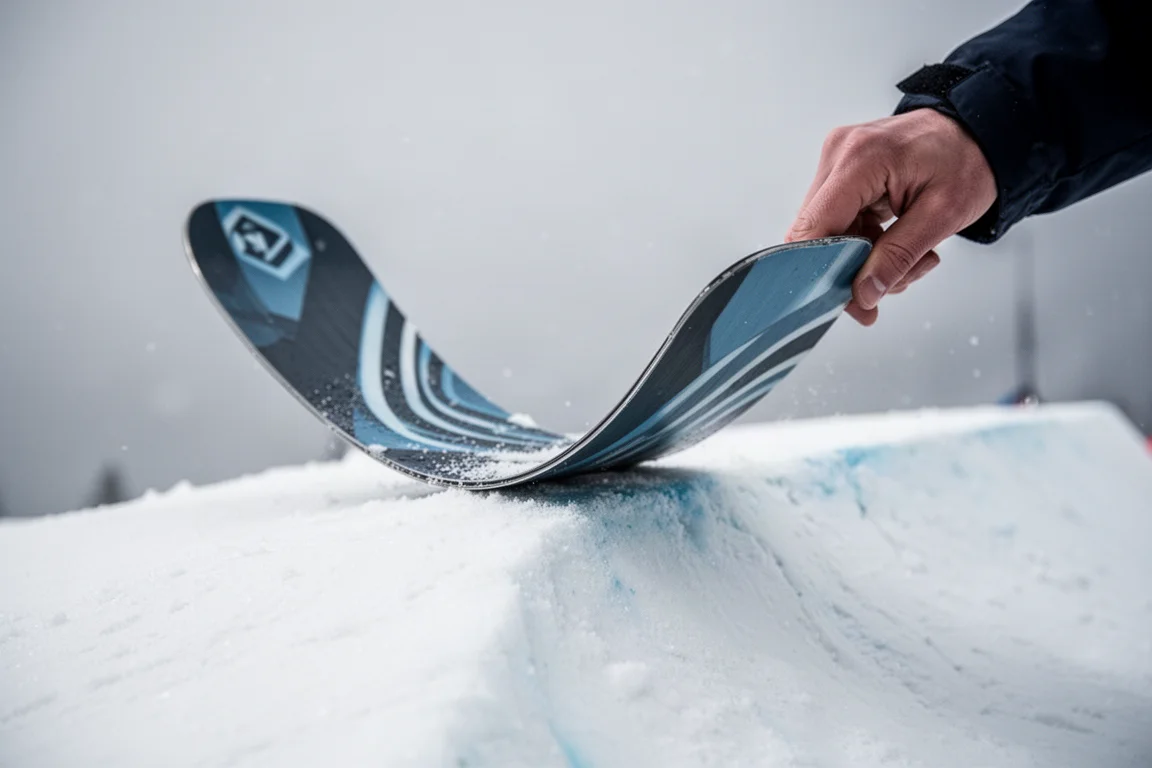 Close-up van de staart van een twintipski die van de sneeuw is getild om de flex te tonen