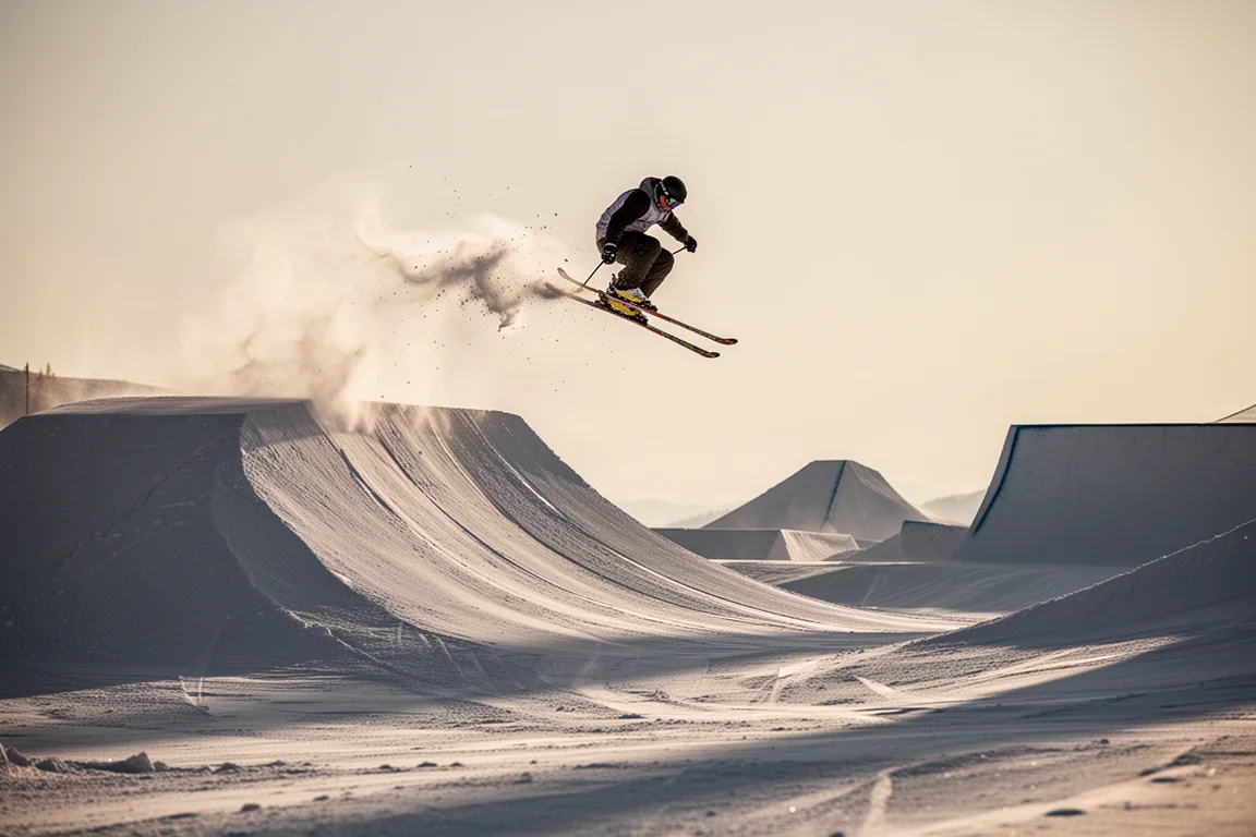 Skiërer die een grote sprong landt in een terrainpark