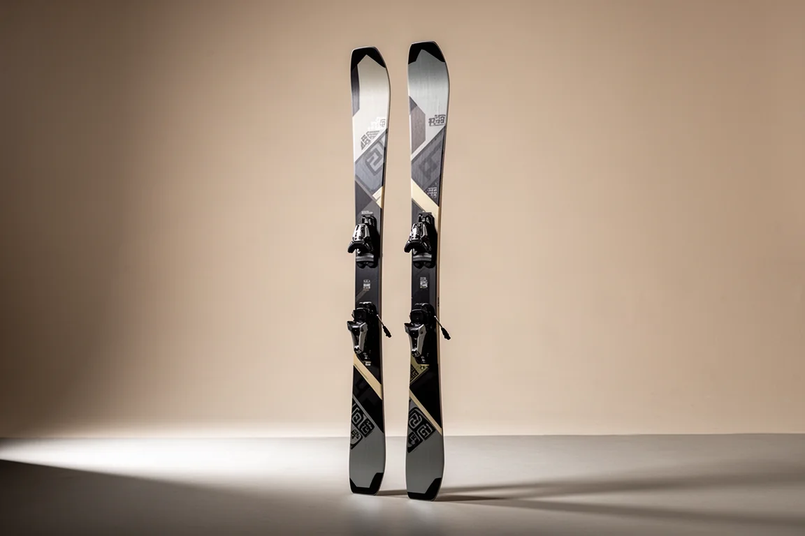 Pair of twin-tip freestyle skis standing upright against a neutral backdrop