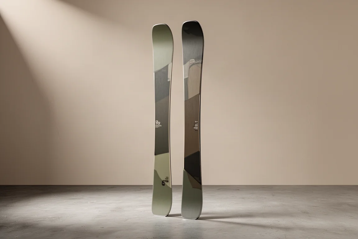 Pair of freestyle twin-tip park skis standing upright on a matte concrete surface