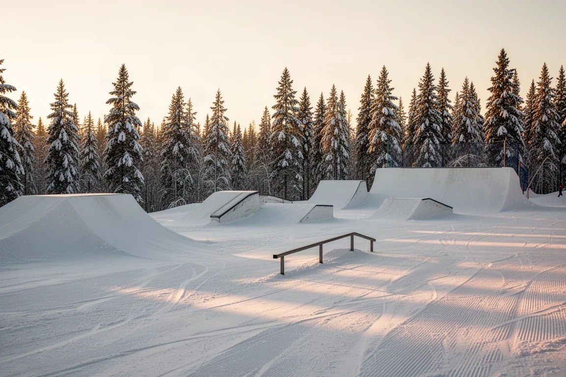 Snowpark vacío al amanecer con saltos de nieve esculpidos y una barra metálica baja