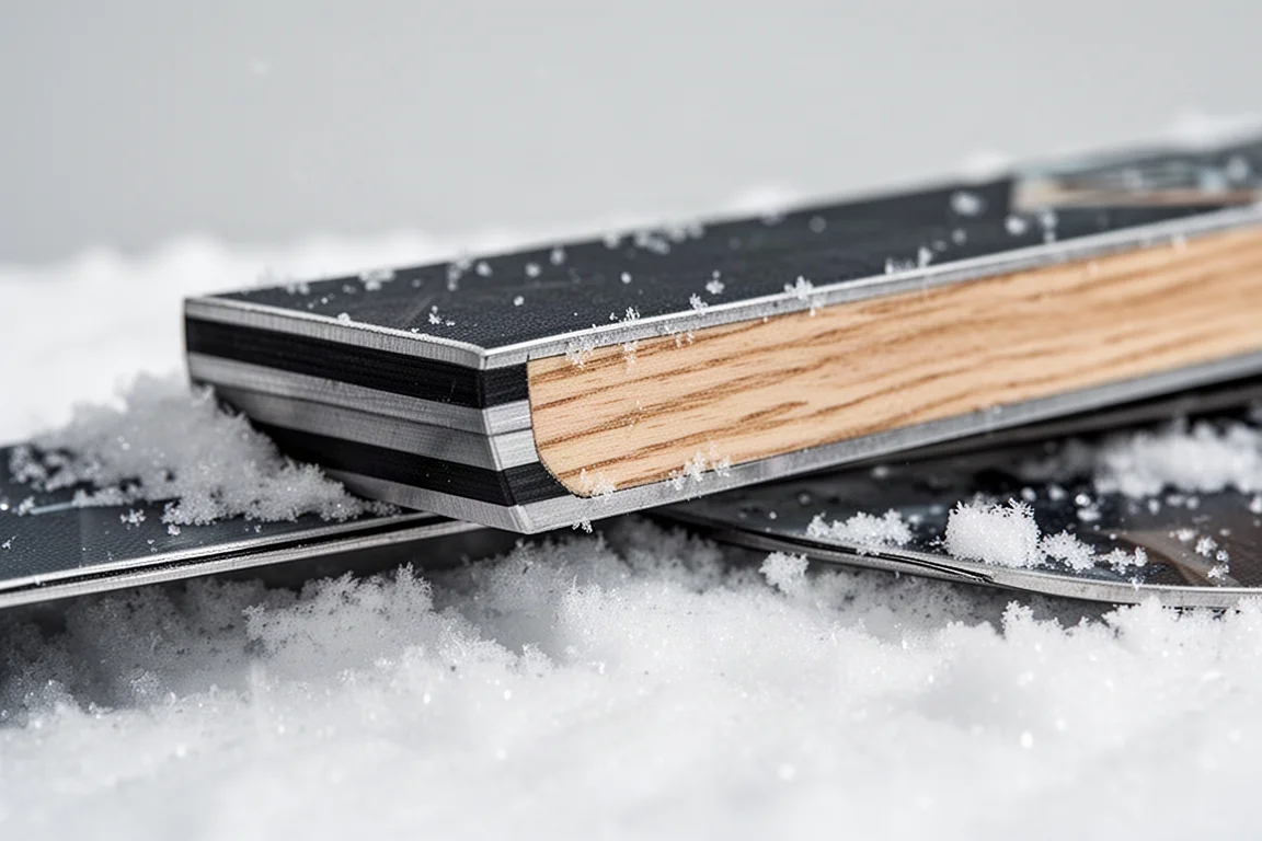 Primer plano de un canto lateral de esquí de freestyle y el detalle del núcleo laminado sobre la nieve