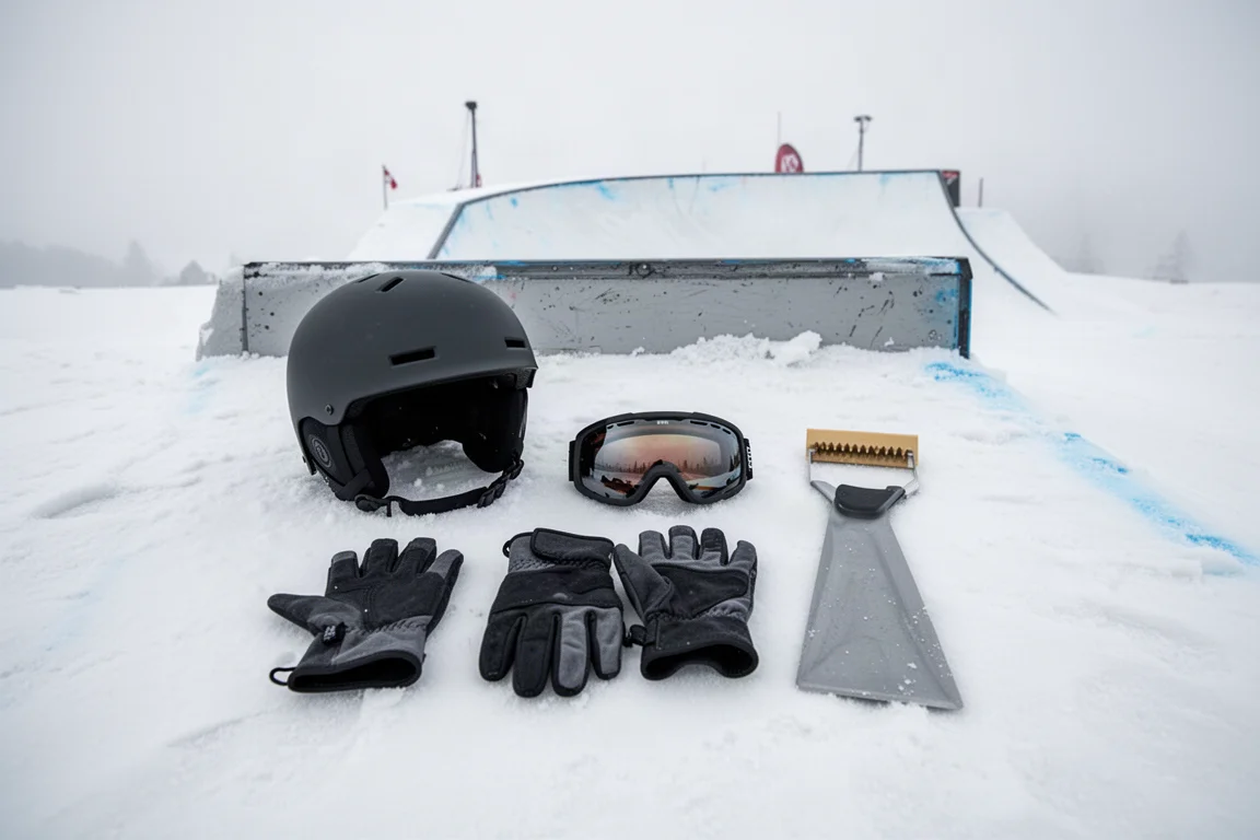 Composición de equipamiento de esquí de freestyle sobre nieve compacta junto a un salto del park