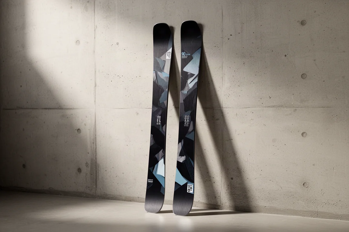 Pair of twin tip freestyle skis leaning against a matte concrete wall