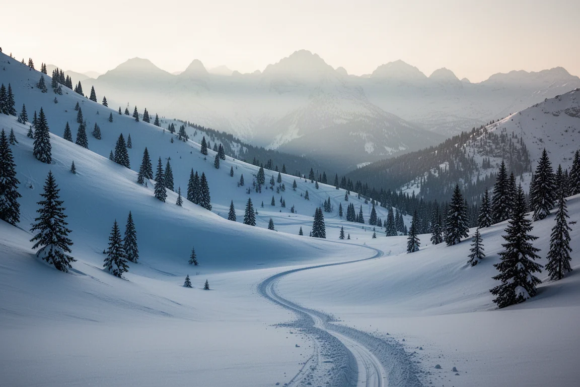 Untouched powder slopes with ski tracks at first light in the alpine