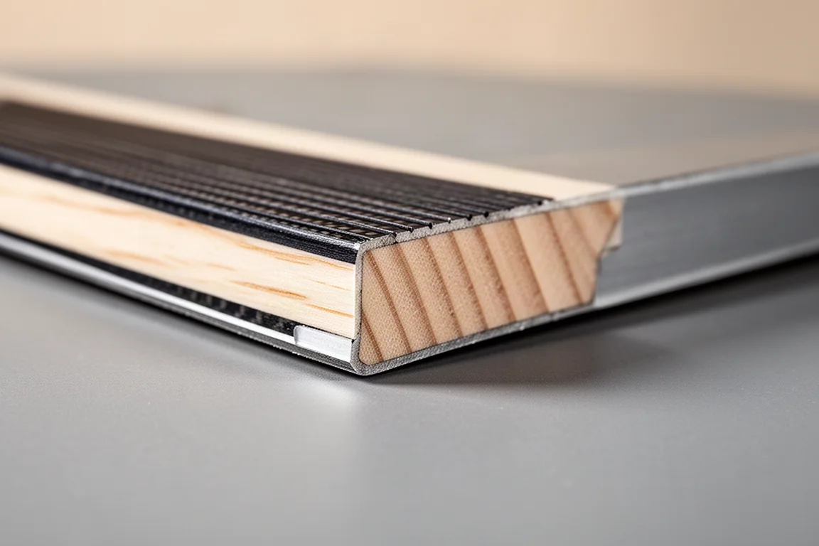 Macro view of a ski cross-section showing wood core, carbon stringers and edges