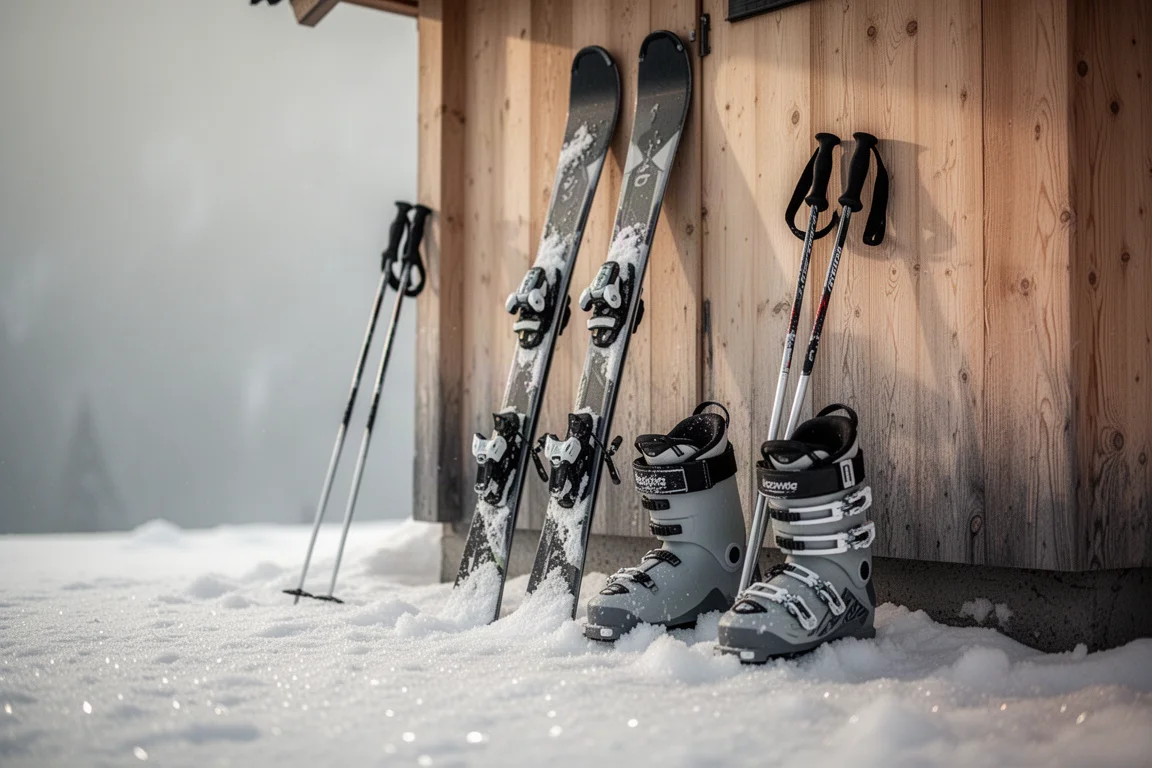 Freeride skis leaning against a wooden hut wall with boots and poles