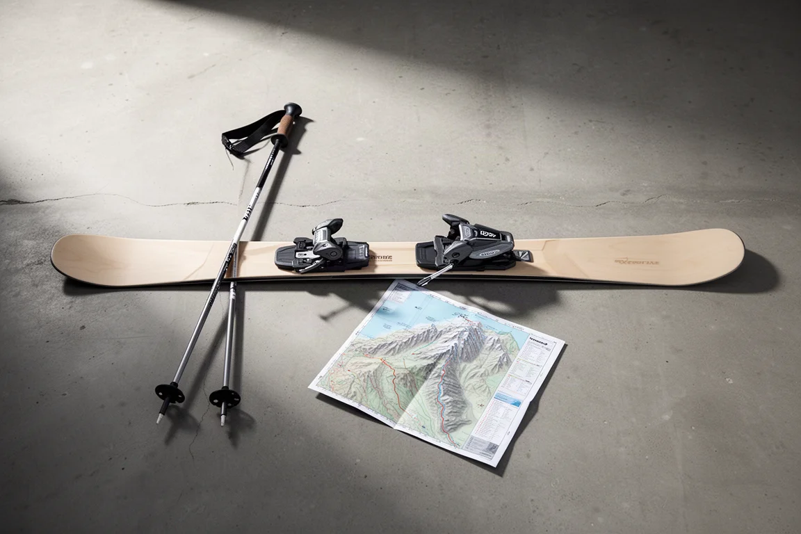 Overhead flat-lay of a freeride ski with alpine binding, pole and trail map