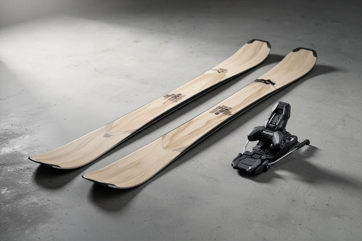 Line Vision 104 freeride skis with alpine binding on a matte concrete floor