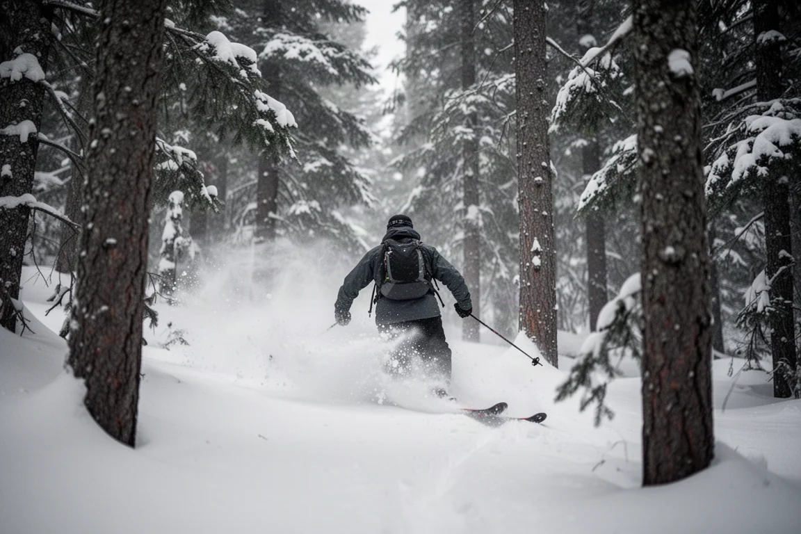 Skifahrer gleitet durch tiefen Pulverschnee in einem engen Baumbestand, Schnee spritzt