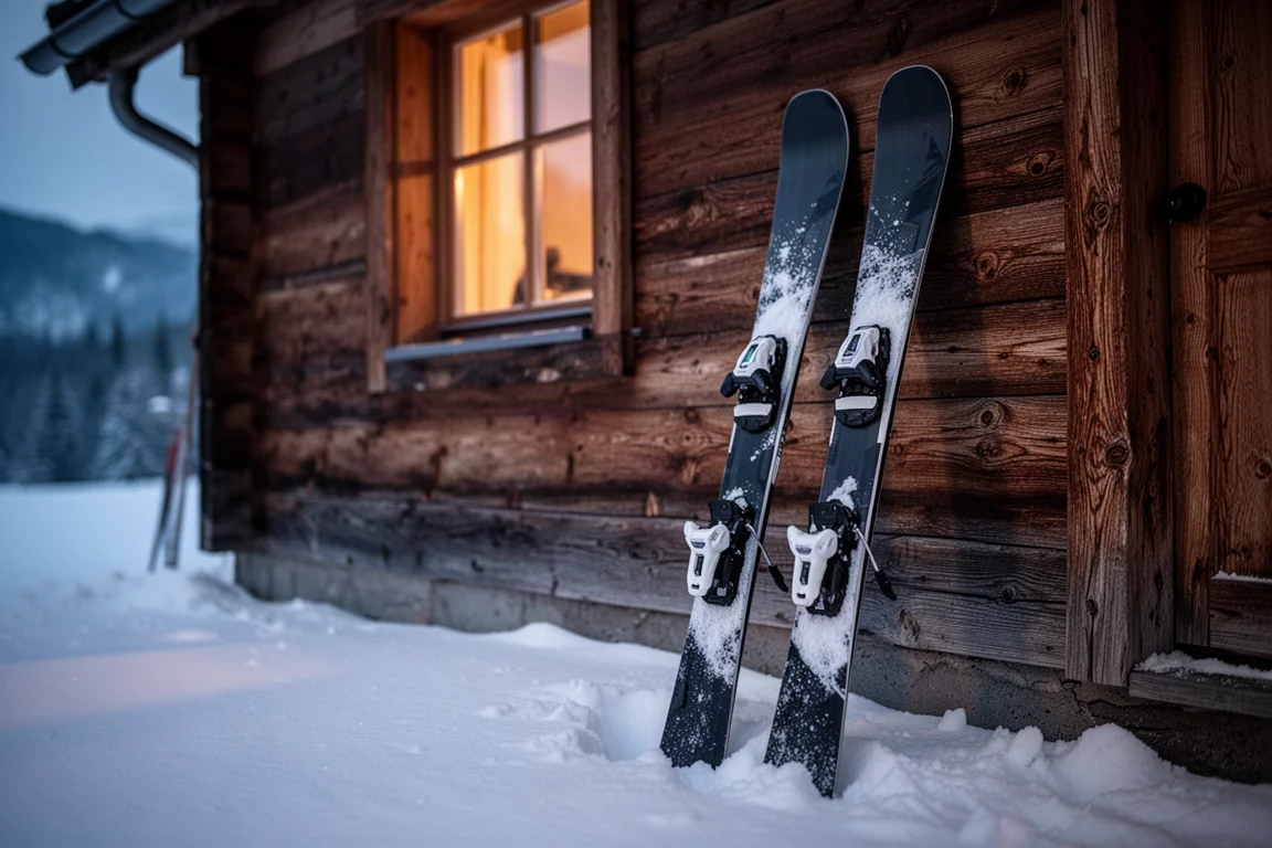 Freeride-Skier mit Bindungen lehnen in der Dämmerung an einer hölzernen Hüttenwand
