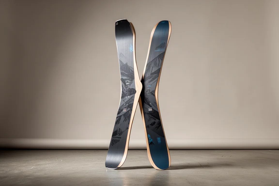 Breite Freeride-Skier mit 108 mm Taille stehen vor einem neutralen Studiokulissen