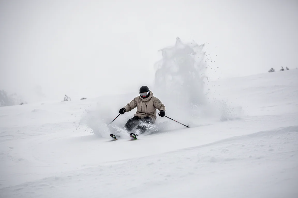 Freerideskiër die door diepe poedersneeuw scheurt, met sneeuwspuitbussen achter de ski's