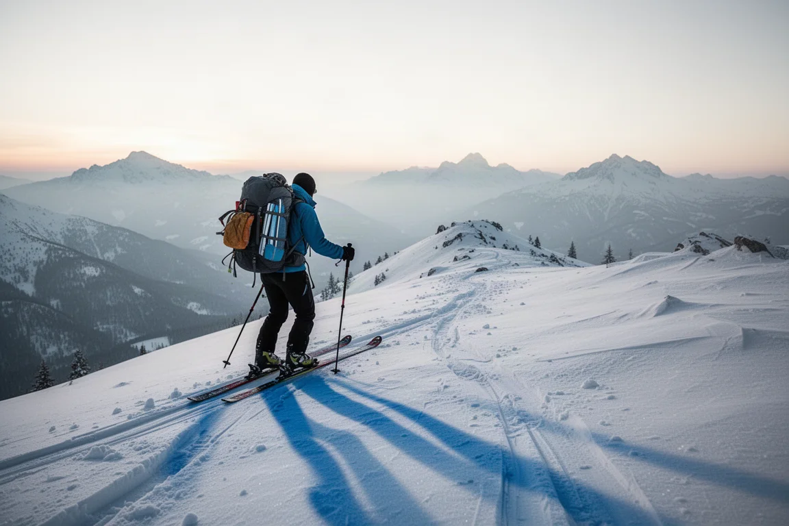 Skiër die bij zonsopgang met ski's en rugzak een bergrug op stijgt tijdens een lange tocht