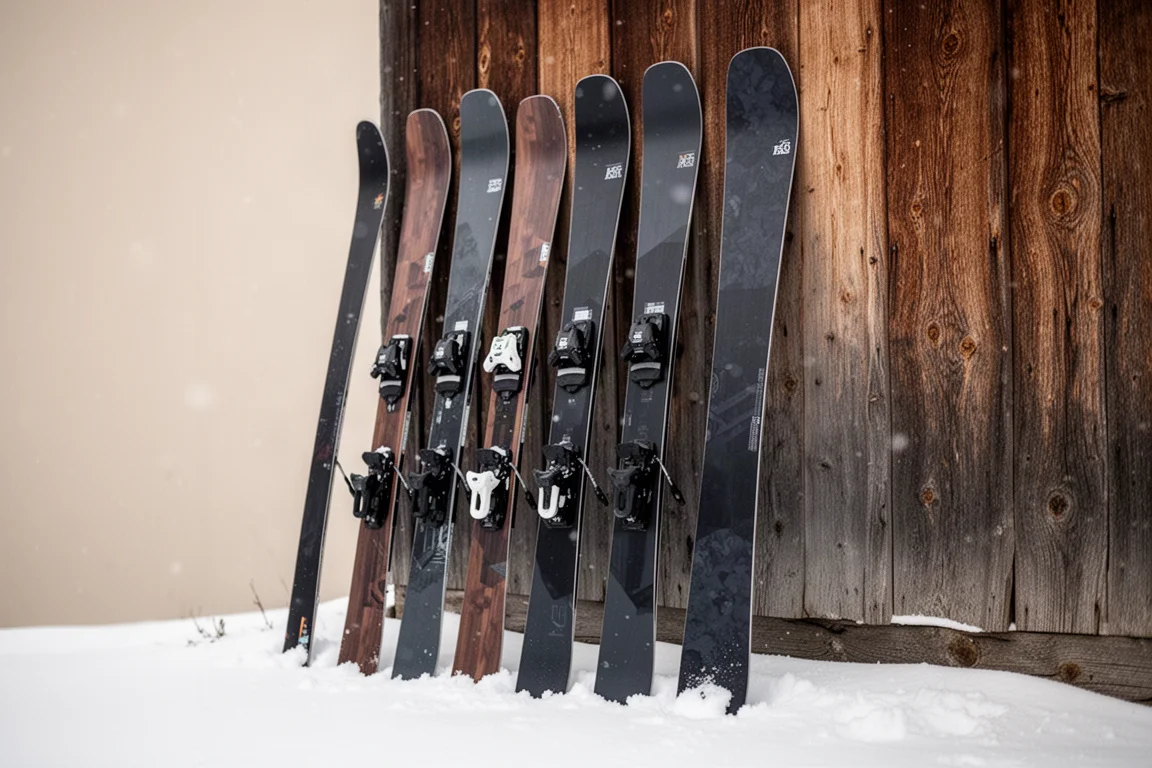 Verzameling brede freerideski's leunend tegen een houten muur in een besneeuwde omgeving