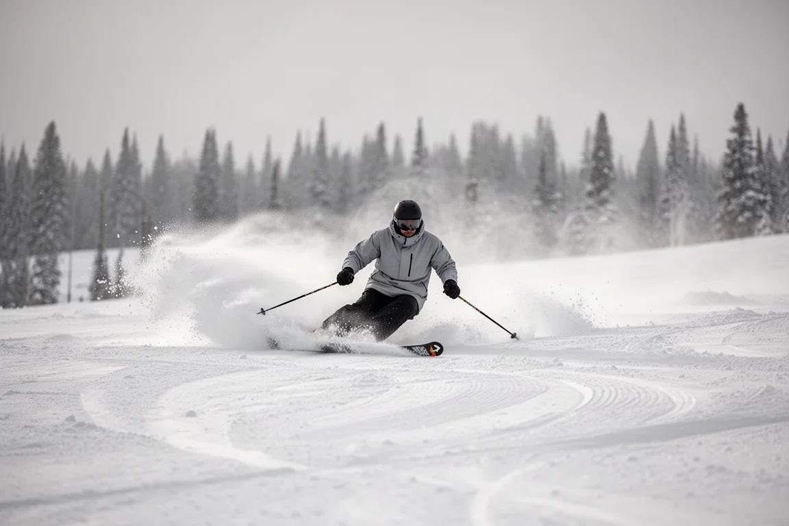 Sciatore che traccia curve sulla neve fresca in una discesa all-mountain con luce pomeridiana piatta