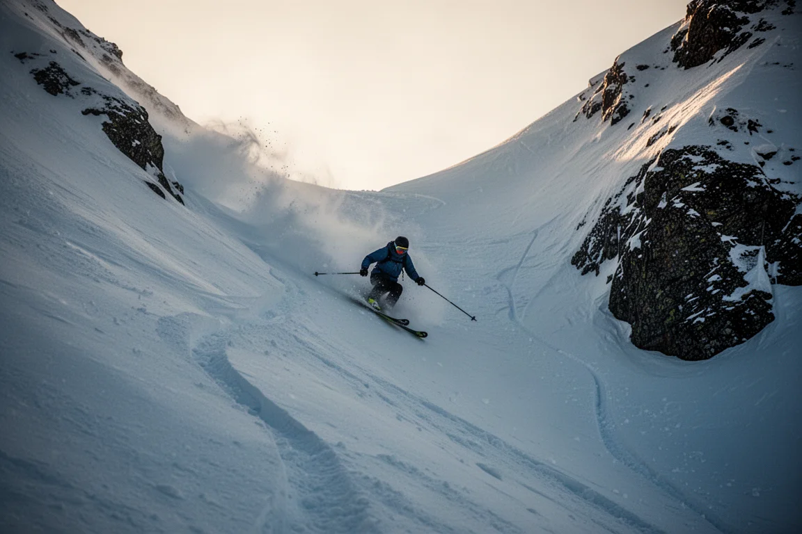 Sciatore che scende un pendio ripido e tecnico su neve variabile a fine giornata