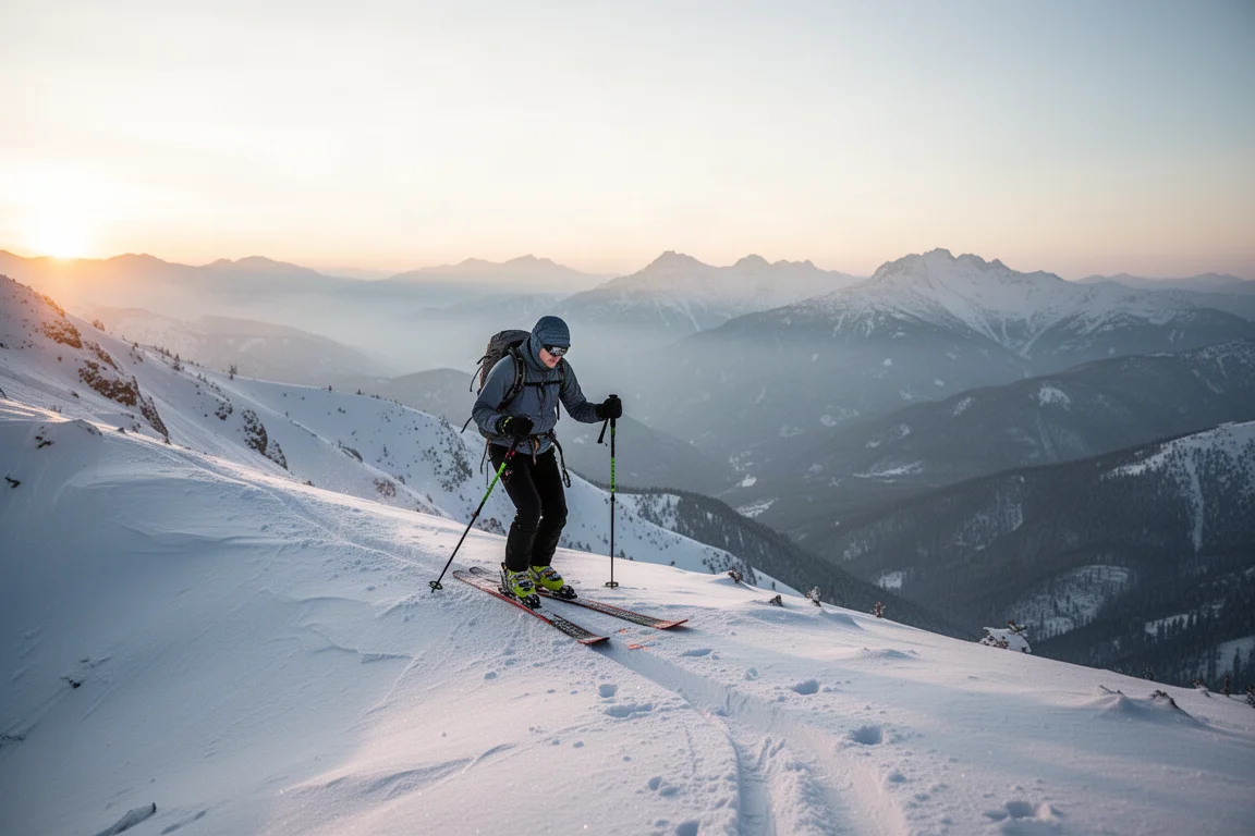 Sciatore che risale una cresta con un allestimento da scialpinismo leggero all'alba