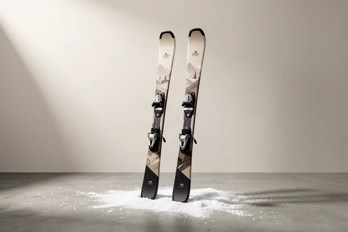 Lätta allmountainskidor som står upprätt på en betongyta med ett tunt lager snö