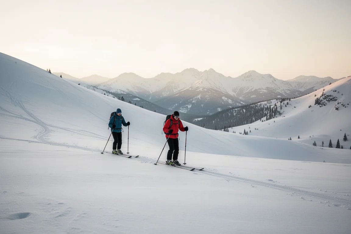 Skier skinning uphill on a snowy backcountry slope in morning light