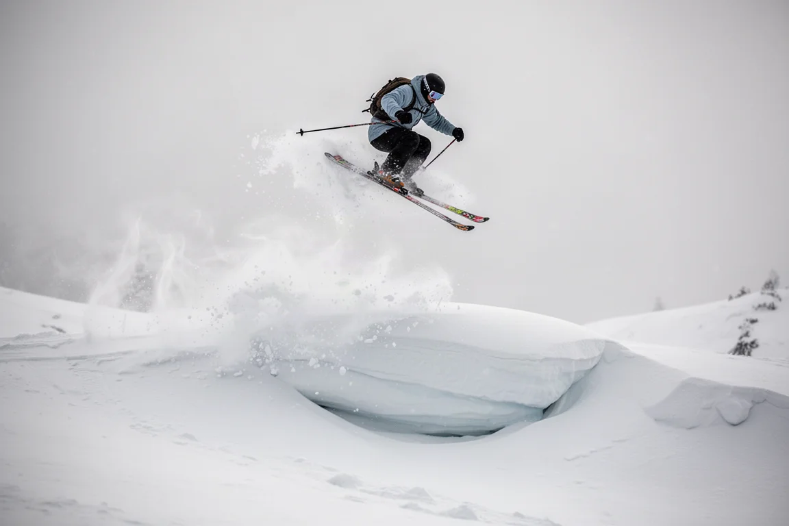 Freeride skier landing a jump off a snowy pillow line