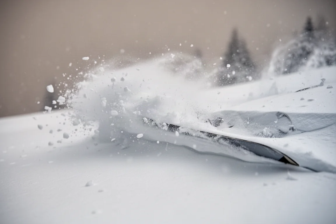 Close-up of a ski base gliding through soft dry powder snow