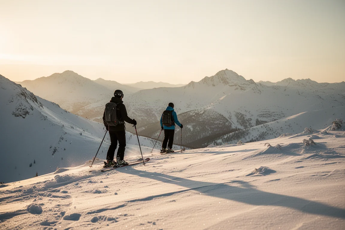 Skier resting on a ridgeline above backcountry terrain at golden hour