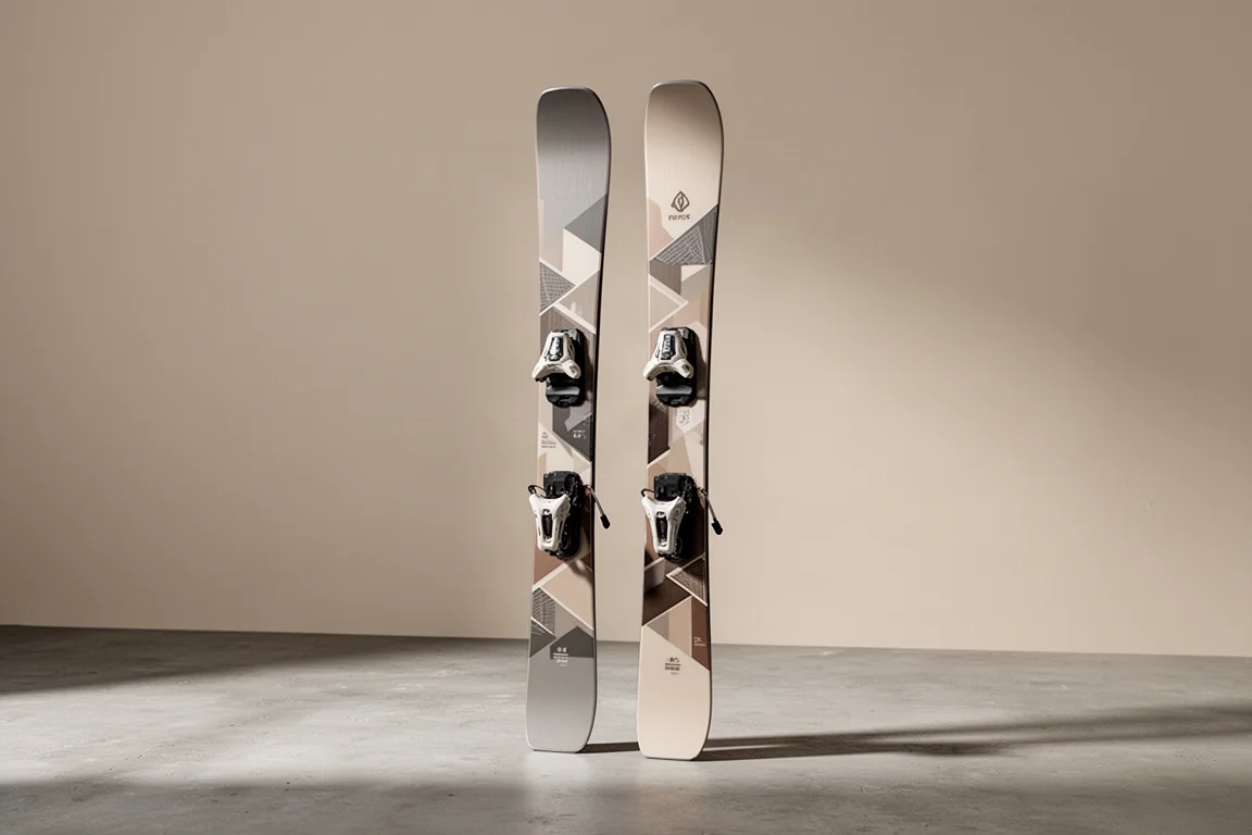 Pair of freeride skis with minimal geometric graphic on matte concrete surface
