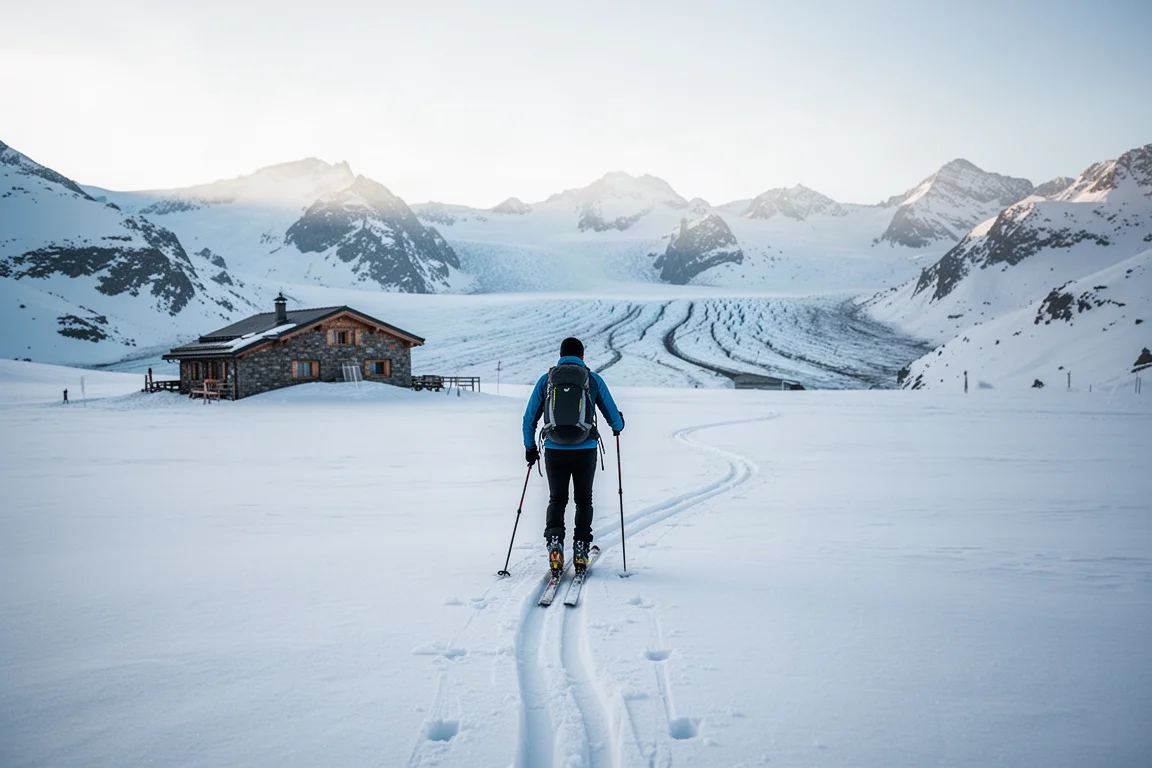 Esquiador de travesía subiendo con pieles por la nieve alpina con luz suave de la mañana
