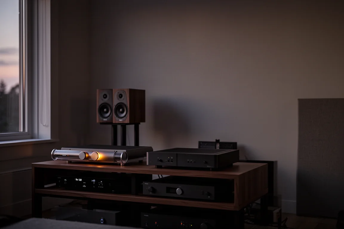 Dim listening room at dusk with a tube preamplifier on a rack and speakers behind