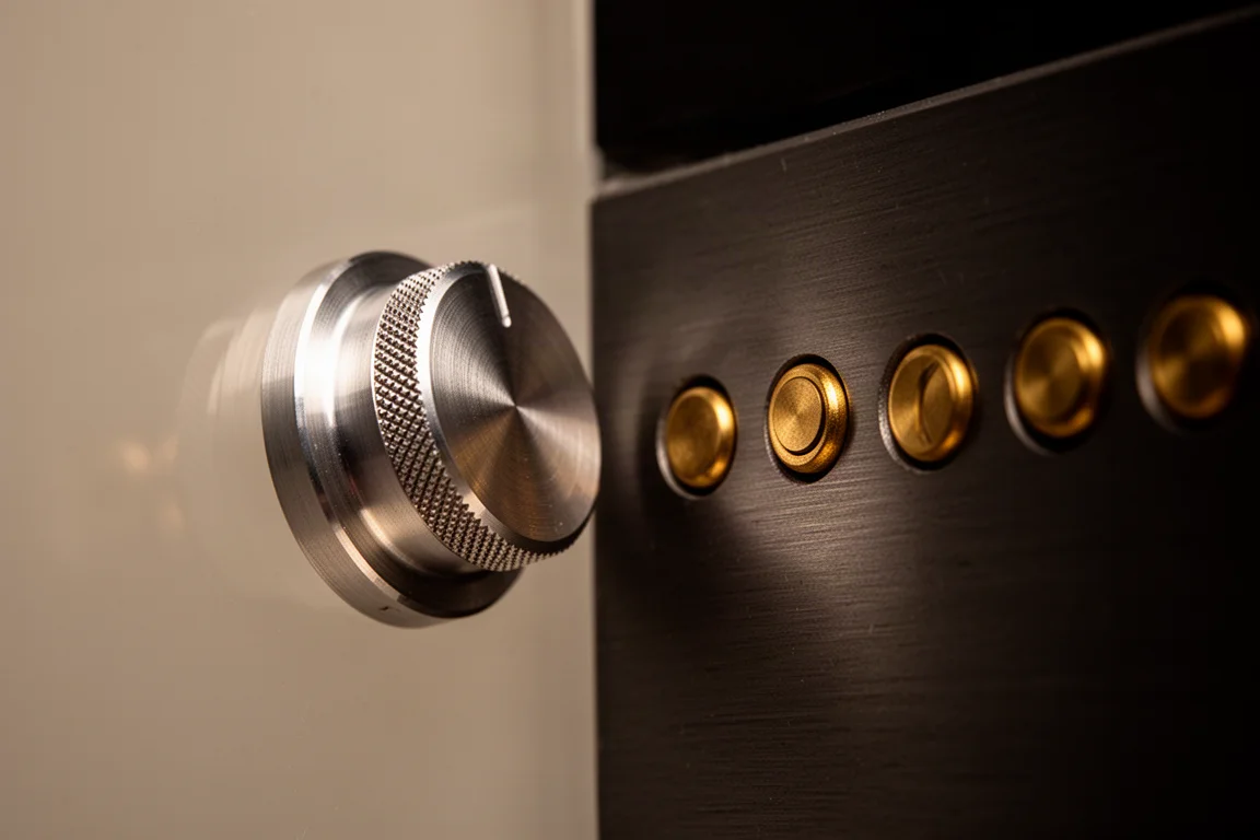 Macro detail of a knurled volume knob and brass buttons on a dark brushed metal panel