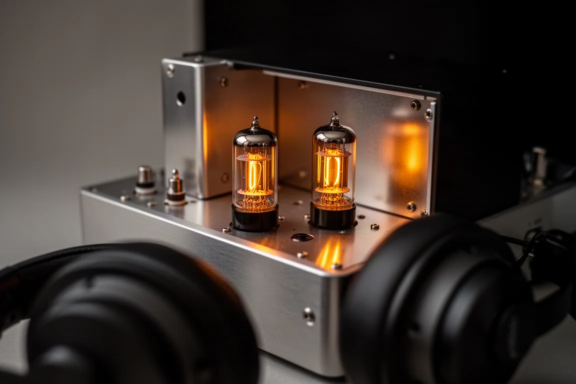 Glowing vacuum tubes inside an open chassis with headphones out of focus nearby