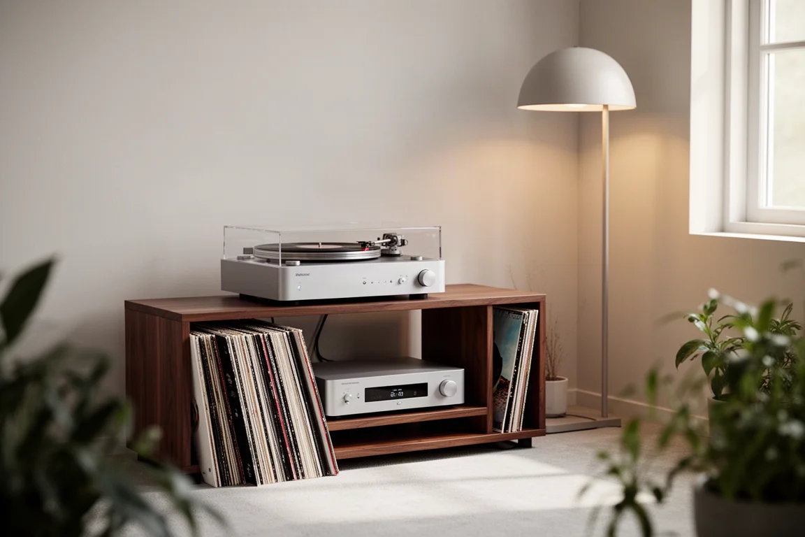 Listening room corner with an equipment rack, turntable, vinyl records and a floor lamp
