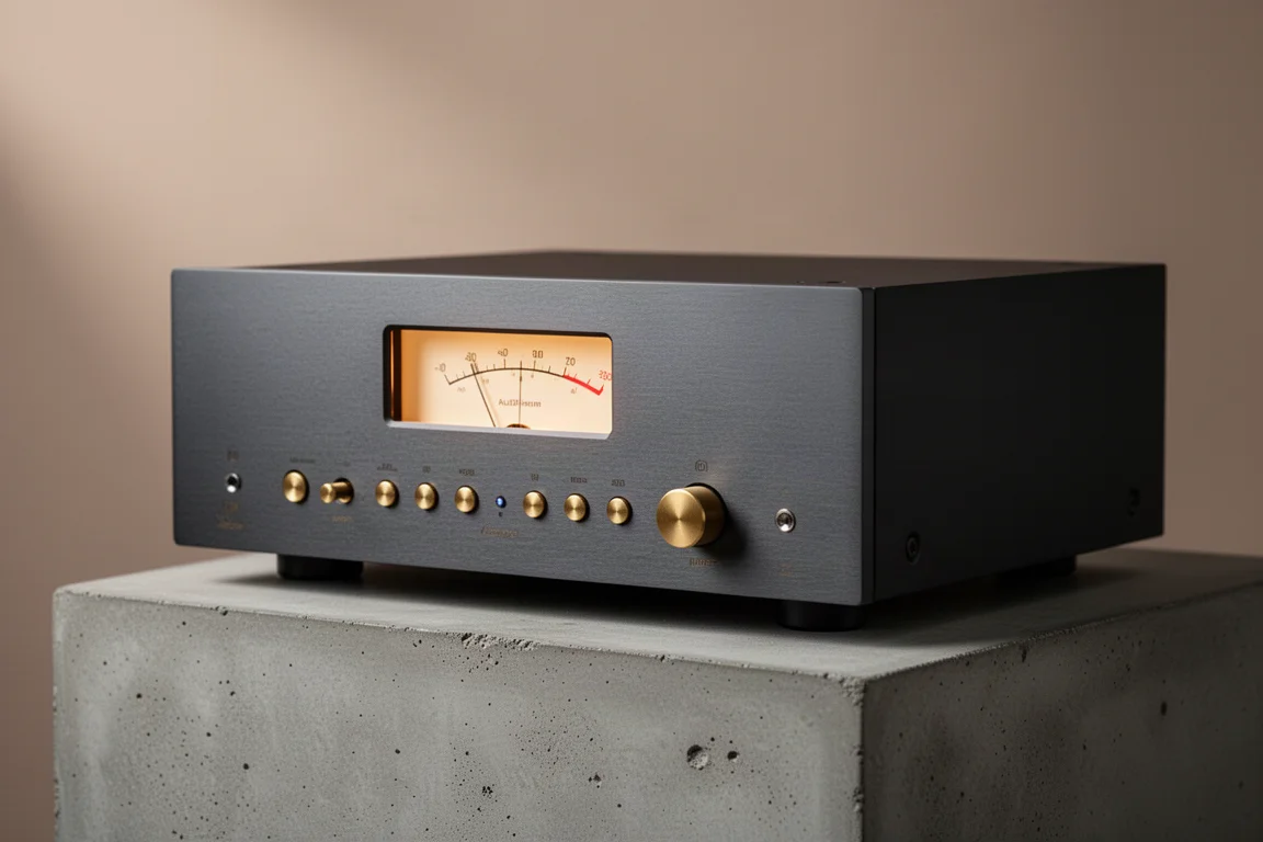 Brushed graphite tube preamplifier with brass buttons and a glowing display on concrete