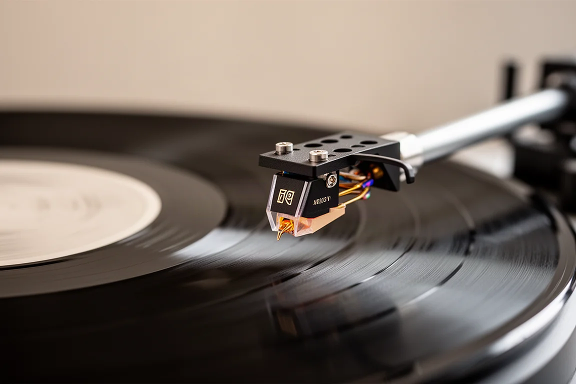 Vista macro di un braccio e di una testina a bobina mobile sopra un vinile in rotazione