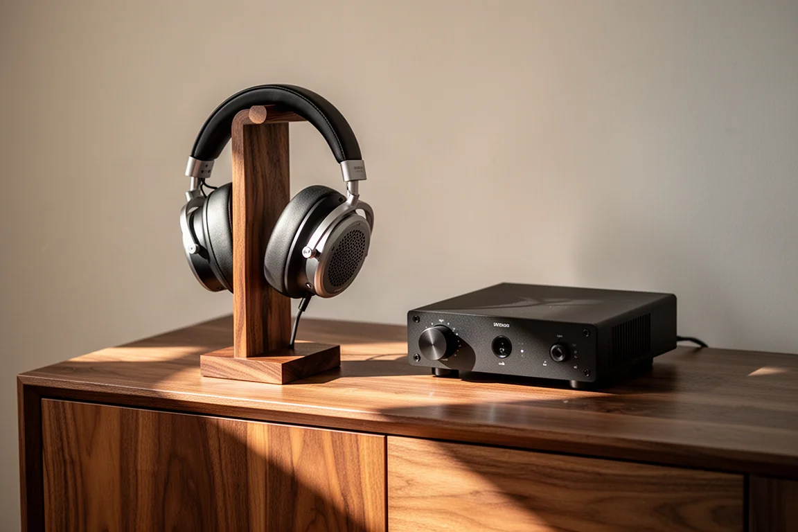 Cuffie magnetostatiche su un supporto in legno accanto a un amplificatore compatto