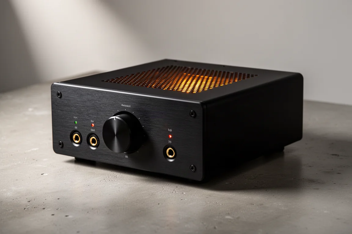 Black integrated tube amplifier with aluminium front panel on a concrete surface