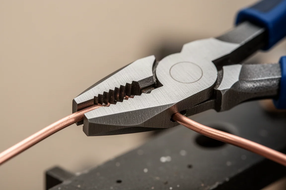 Primo piano delle mascelle zigrinate di una pinza che stringono un pezzo di filo di rame