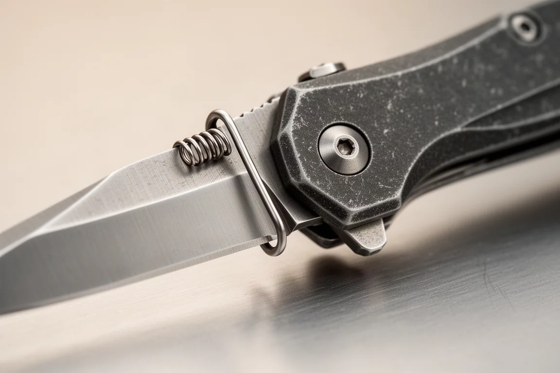 Close-up of a liner lock bar engaged against an open folding knife blade