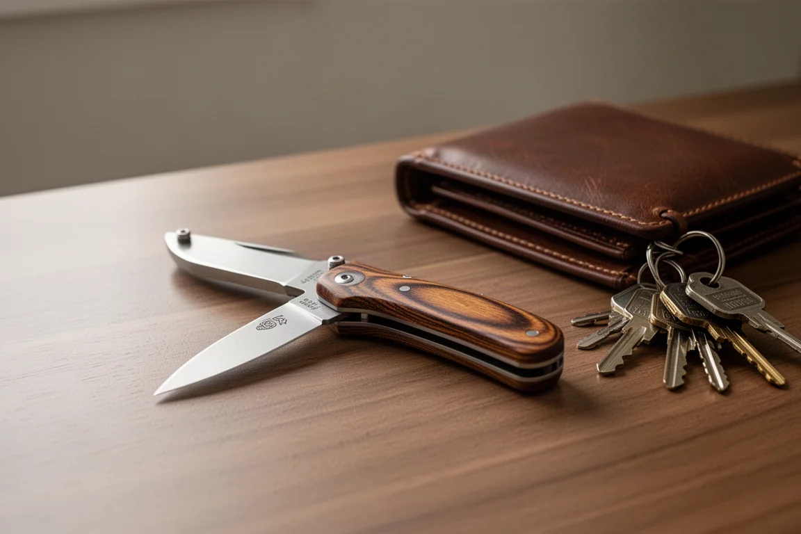 Folding knife with Micarta scales resting on a wooden desk beside everyday carry items