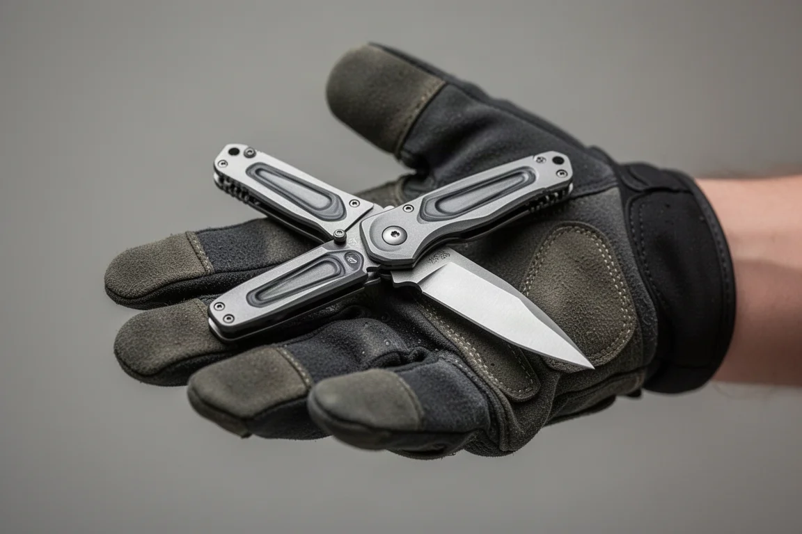Hand filling the full handle of a folding knife with symmetrical scales
