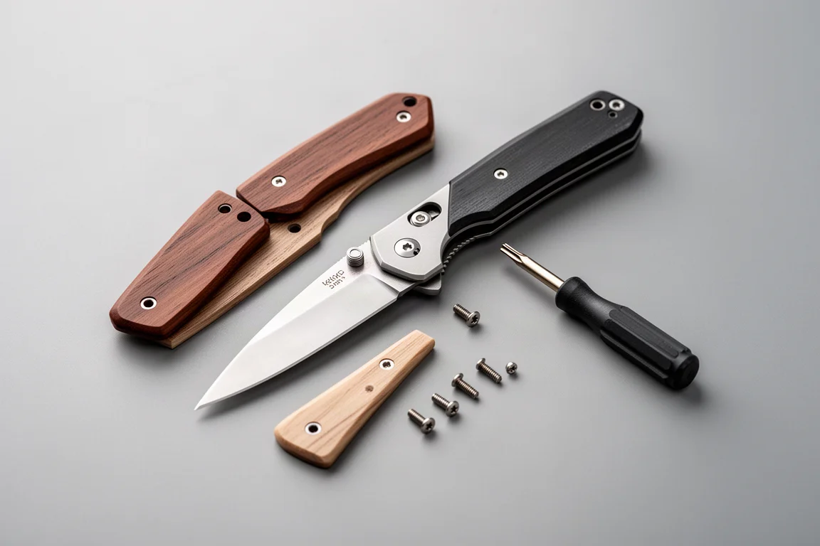 Removable knife scales and a small screwdriver laid out on a work surface
