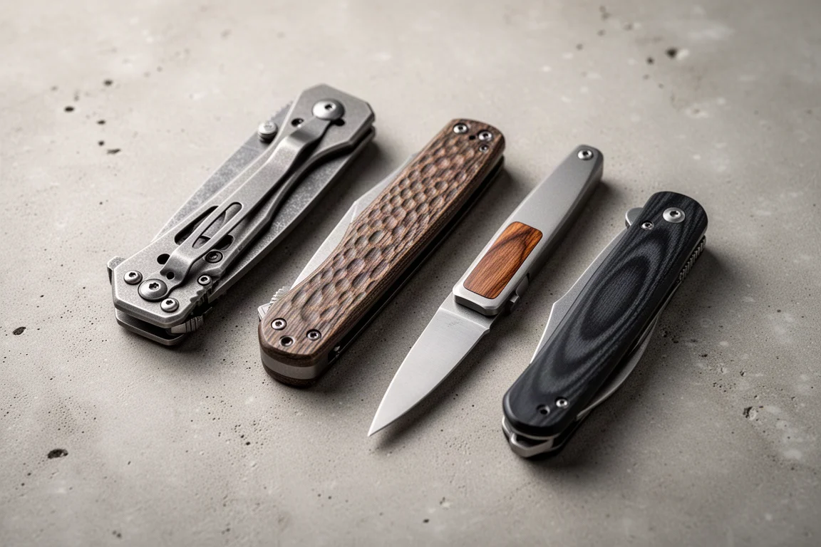 Four folding pocket knives arranged in a diagonal line on a concrete surface