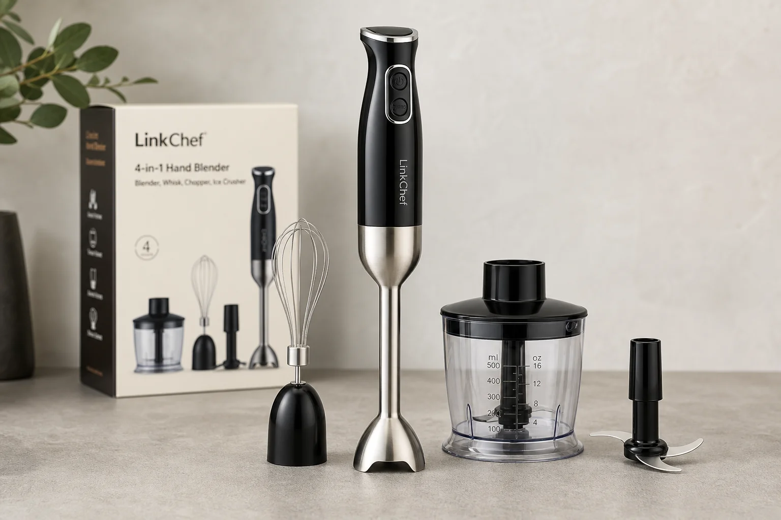 Collection of ten hand immersion blenders arranged on concrete surface