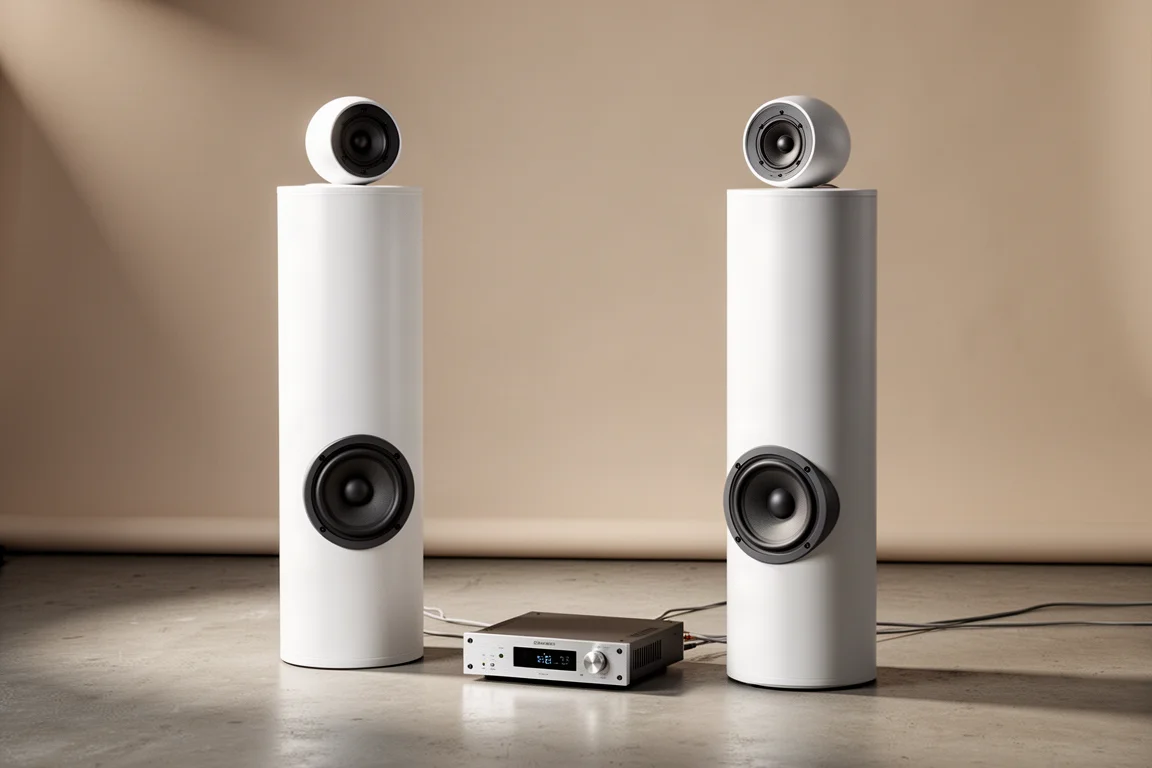 Two slim cylindrical Linkwitz LX Mini loudspeakers with a desktop DSP unit on a concrete floor