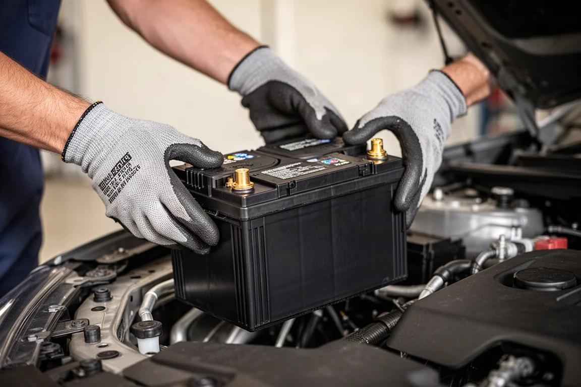 Hands installing a solid-state car battery into an engine bay